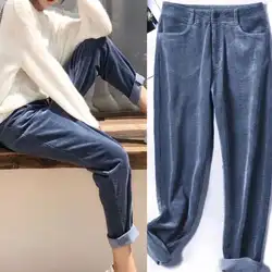 Плотные эластичные вельветовые брюки женские корейский стиль 2018 новые с высокой талией шаровары зимние тонкие плюс бархатные свободные