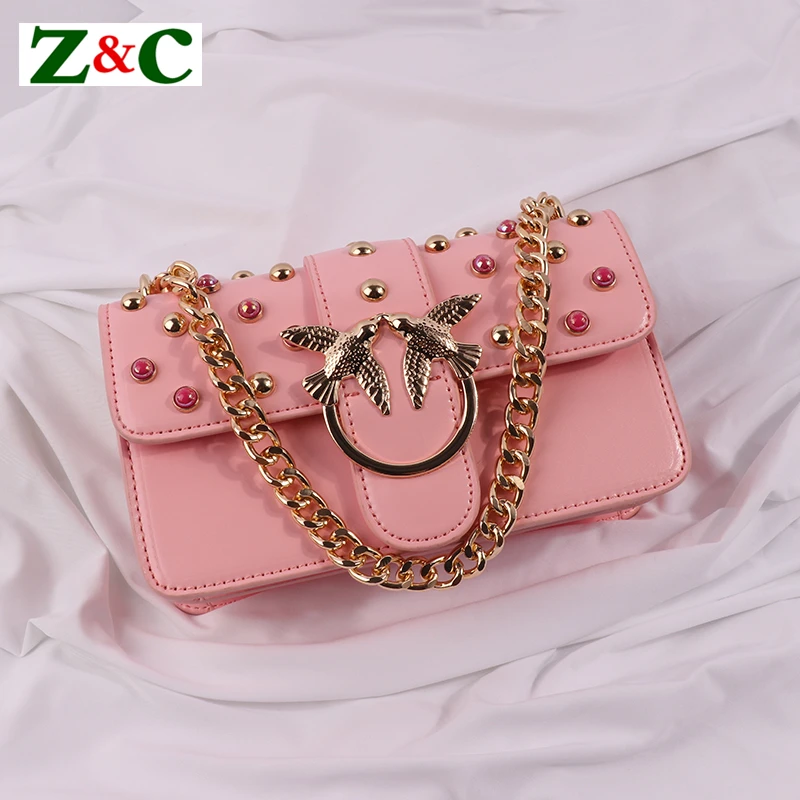 

Luxury Brand Famous Designer Metal Swallow Chain Rivets Shoulder Messenger Bags Women Purse and Handbags Original Quality Clutch