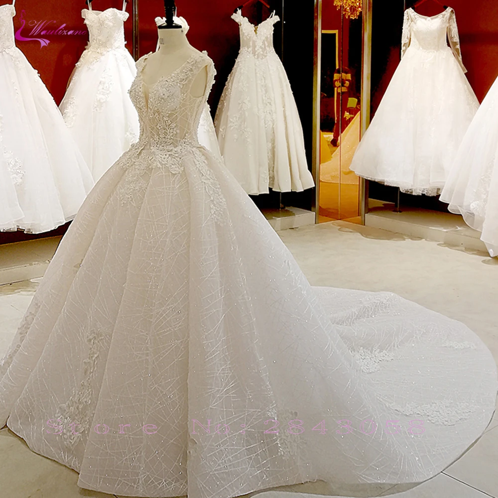 Waulizane v-образный вырез в области 3d Цветы ТРАПЕЦИЕВИДНОЕ свадебное платье с элегантным юбка с бисером и на шнуровке; обувь под свадебное платье для невесты