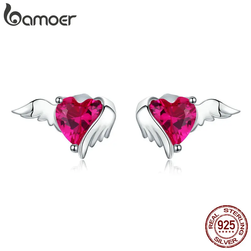 BAMOER 925 Love Heart Earrings Sterling Silver Stud Earrings Mini Red Heart Earrings for Women Girls /…