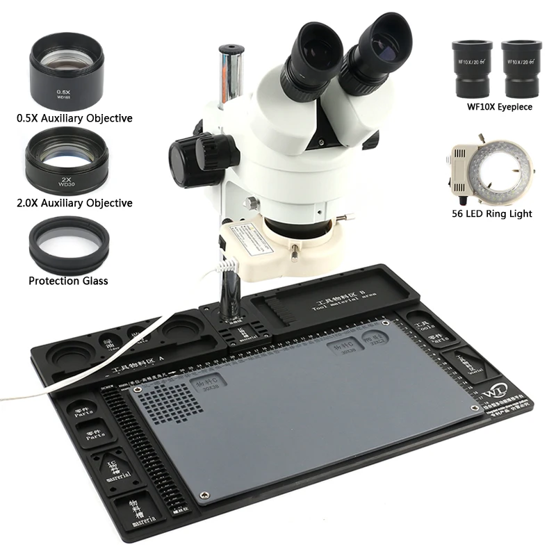 3.5X-90X бинокулярный микроскоп стерео микроскоп непрерывное Масштабирование увеличение+ большая алюминиевая подставка+ объектив+ 56 светодиодный кольцевой свет