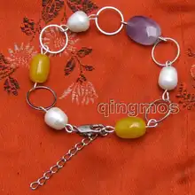 Натуральный 10-11 мм белый жемчуг в форме риса и фиолетовый кристалл и натуральный камень с 14 мм металлический круглый 7,5-9 ''Bracelet-bra393