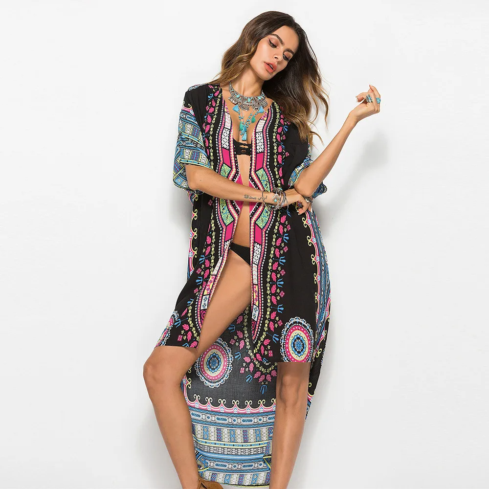 Bohemian Beach Tunic Dress Loose Print Summer Beach Dress Tunic Loose