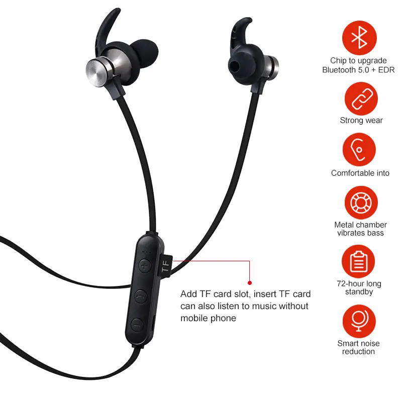 

XT22 Sports Wireless Bluetooth V5.0 Earphone Magnetic Attraction Stereo Headset Waterproof In-ear Neckband With Mic TF Card