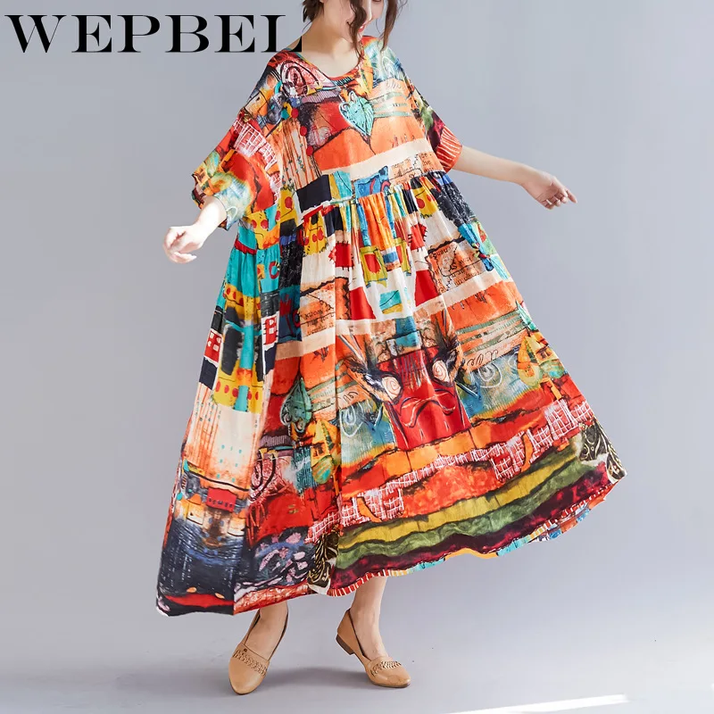 WEPBEL Винтаж Для женщин свободный короткий рукав хлопково-льняные, с цветочным принтом платье с принтом летние Повседневное свободные мешковатая туника с длинными Макси платья