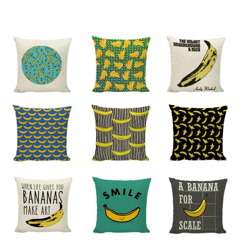 

Creative Banana Linen Cushion Cover Black Yellow Cartoon Pattern Print Design Pillowcase Home Decoration Sofa Car Pillowcase