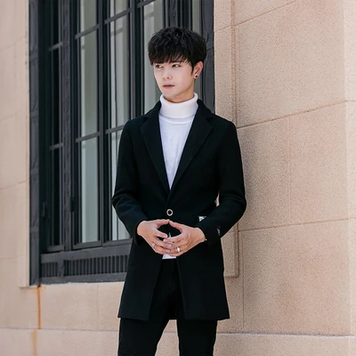 19 шерстяное пальто новая Корейская версия самообработки с длинными рукавами мужской случайный сплошной цвет пальто тренд Красивый Ветровка
