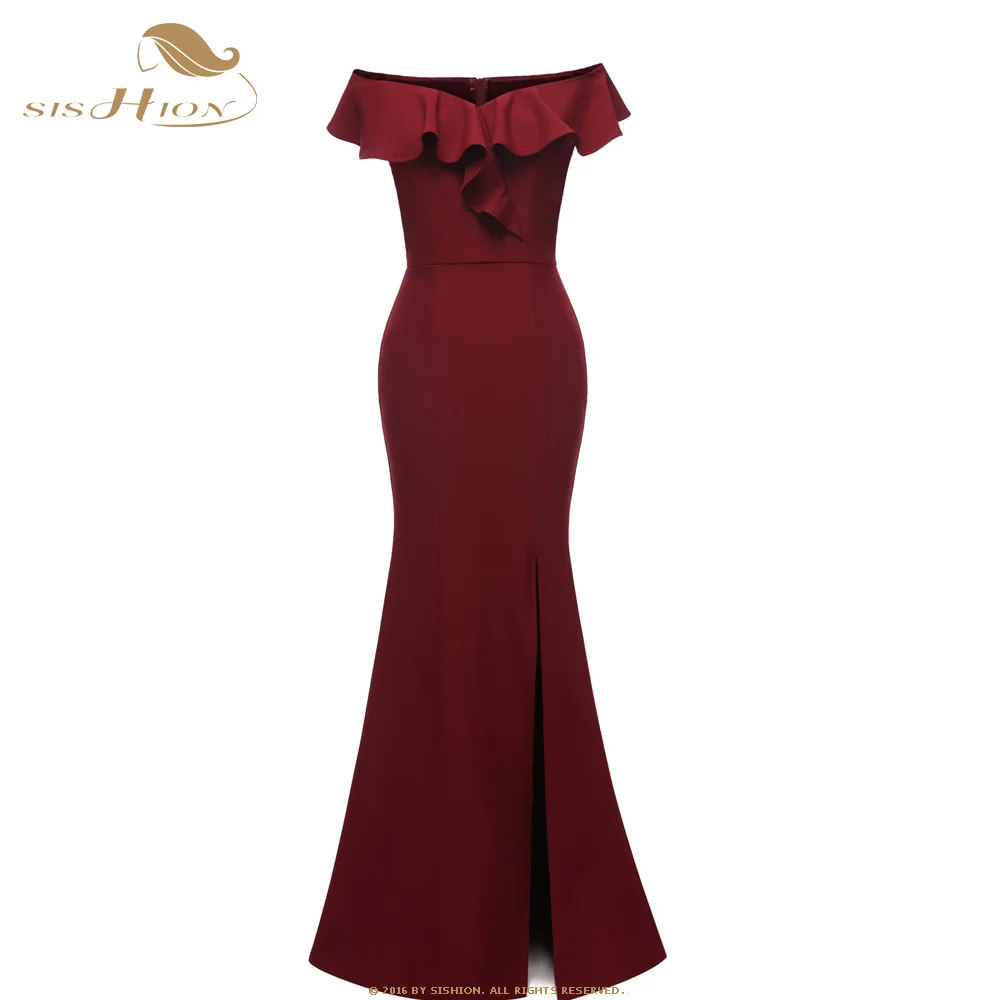 

SISHION Elegant Long Dress Ruffles Design CD1683 Black Wine Red Navy Blue Dinner Night Women Ladies Club Party Dress