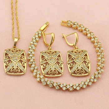 

Women's Golden Square Jewelry Sets For Wedding Classic White Crystal Drop Earrings Bracelet Pendant Necklace Free Jewellry Box