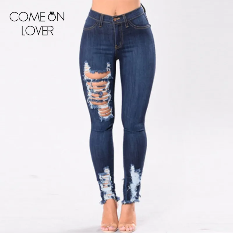 Comeonlover Slim high street fashion jeans plus size feminino hollow out ripped womens sexy jeans blue jeans for women TE2458