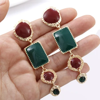 

AENSOA 2019 New Vintage Colorful Long Enamel Geometry Earrings For Women Temperament Gem Alloy Statement Earring Fashion Jewelry