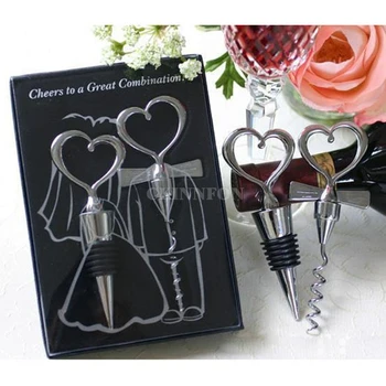 

(50sets=100Pcs/Lot) Love Heart Corkscrew Wine Bottle Opener + Stopper Wedding Gift Favors Bottle Opener Set Wedding Decoration
