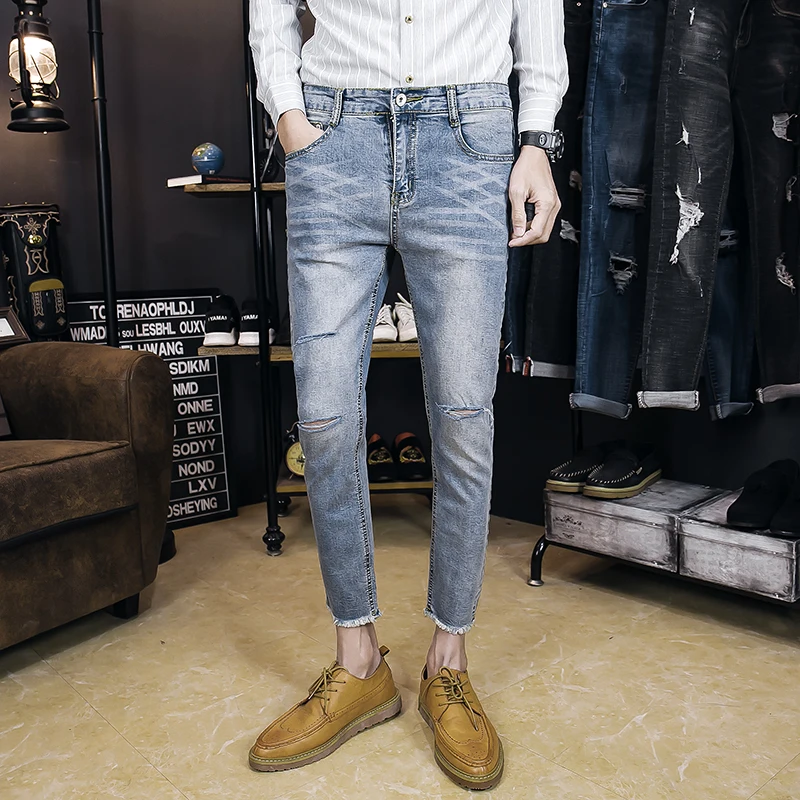Новые джинсы с 9 точками мужские зауженные брюки с дырками эластичные деловые повседневные Молодежные мужские прямые брюки летние
