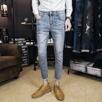 

2019 new nine points jeans men's slim feet pants hole elastic business casual youth men's straight pants summer