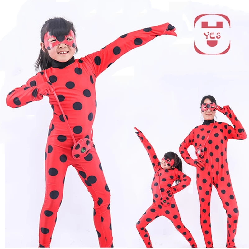 YES Spandex Ladybug Costume Jumpsuit Fancy Black Cat Adrian Marinette Super Hero Cosplay Costume For Girl Boy Adult Lady Wig