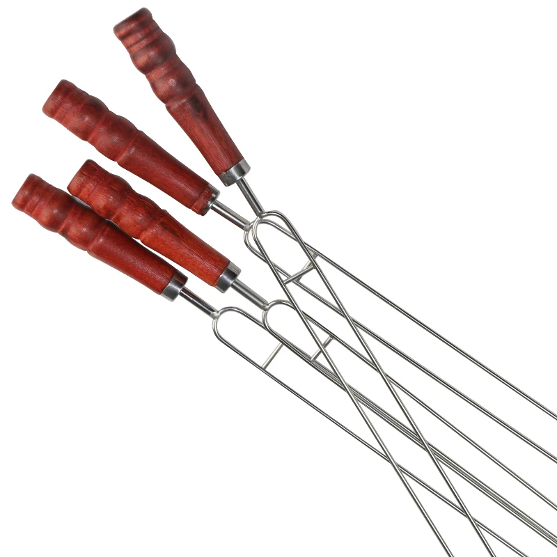 New 10pcs/set Row U BBQ roast barbecue High stainless steel needle w/wooden handle Skewers for Camping and Kitchen Dining Tools