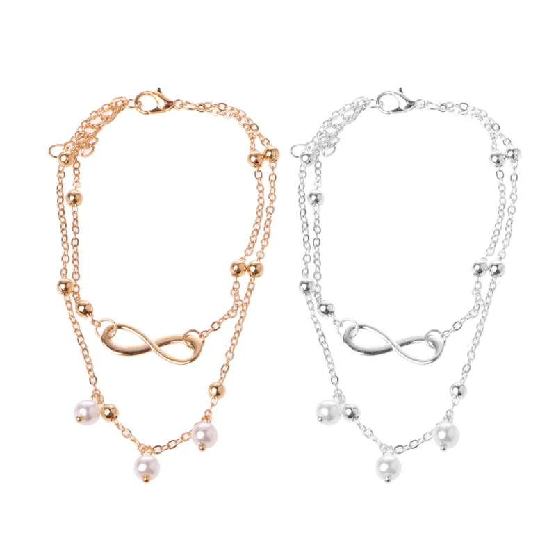 

Women Infinity Love Double Chain Anklet Bracelet Beach Pearl Barefoot Jewelry