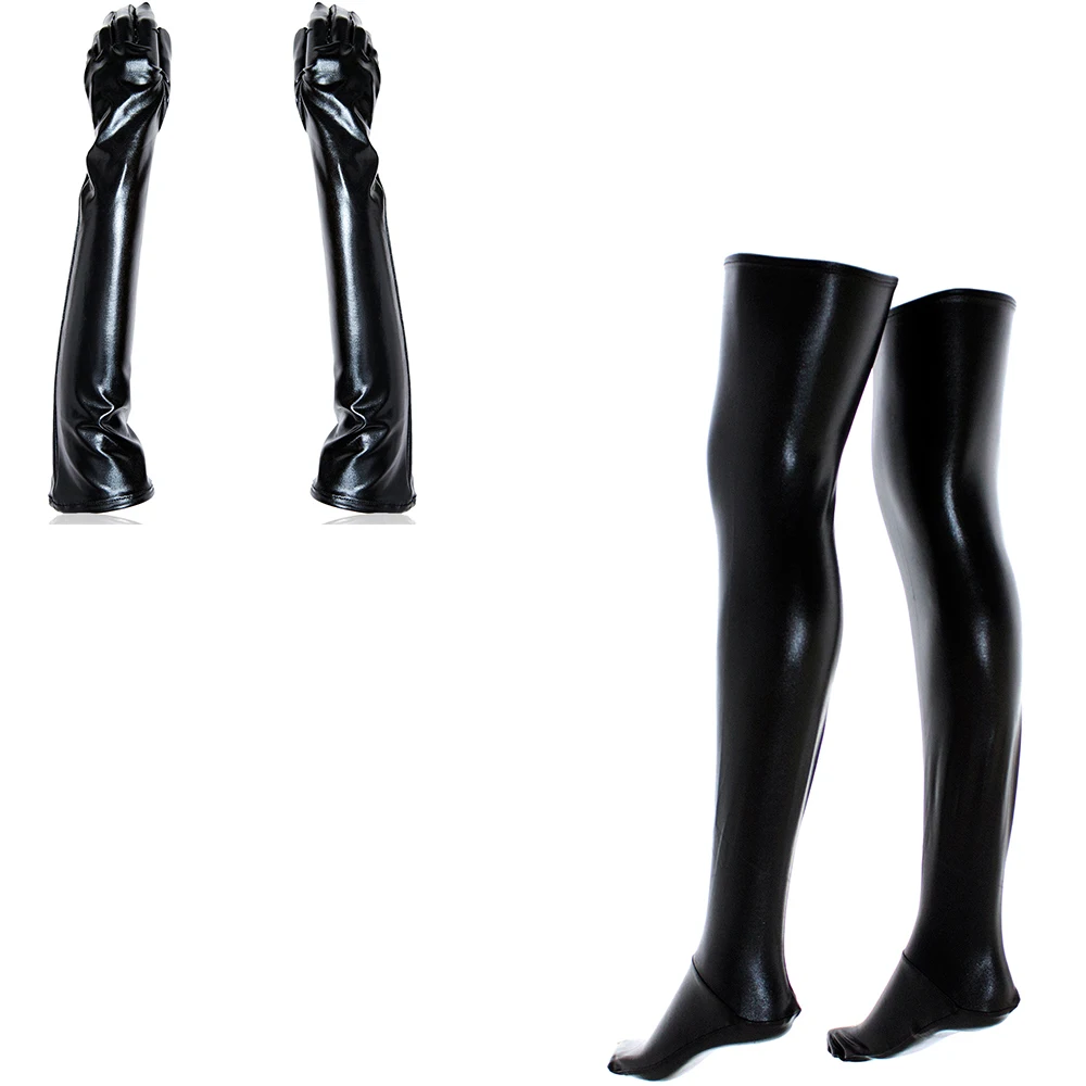 Black Sexy Metallic long gloves thigh high leggings SM leather