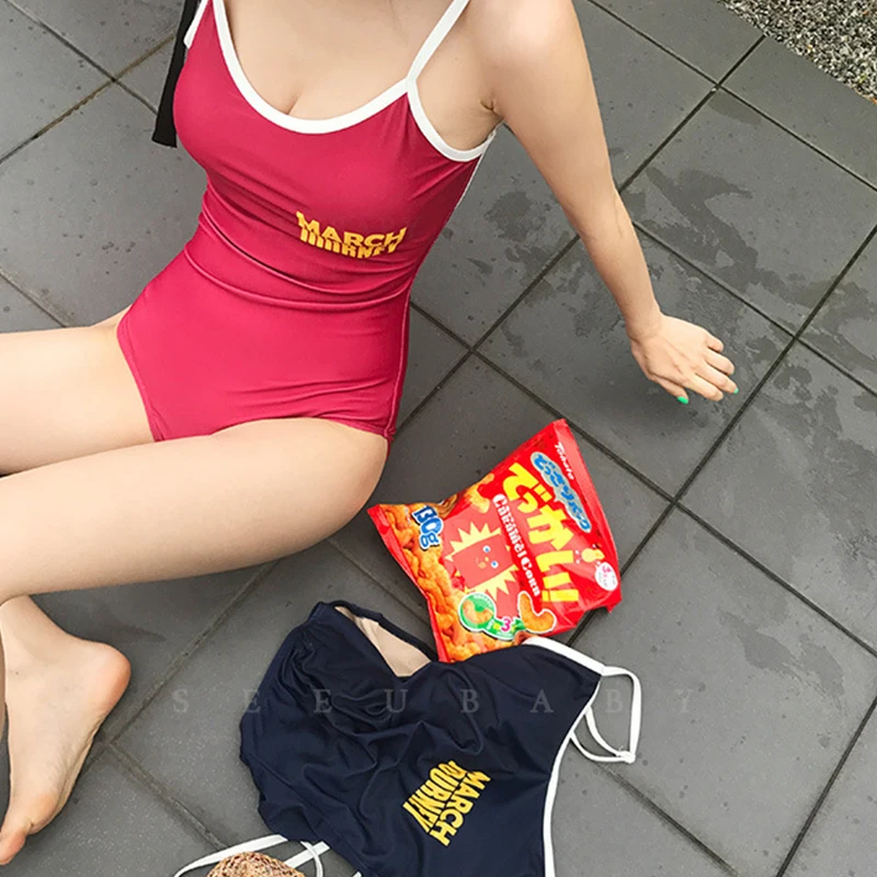 

Summer Sexy Backless Swimwear Women Bathing Suit Solid Red Black with Letter Padded One Piece Swimsuit Lace Up Monokini