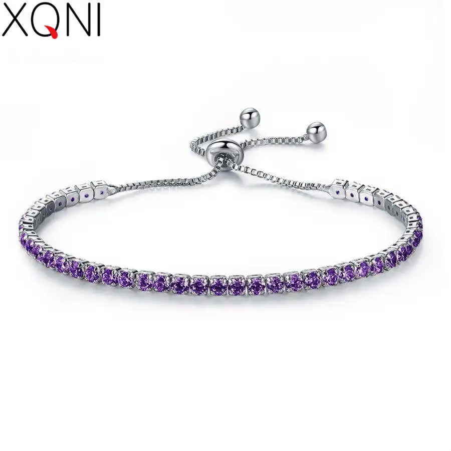 XQNI AAA Cubic Cyrkon Tenis Bransoletka Dla Kobiet Shining Biały Niebieski Zielony Fioletowy Czarny Birthstone Kryształ Bransoletka Biżuteria Prezent
