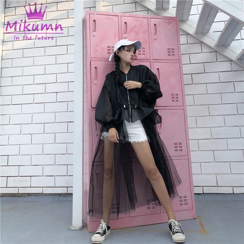 

2019 Spring Summer Women Jackets Harajuku Fashion Mesh Patchwork Zipper Loose Long Sunscreen Coats White Black