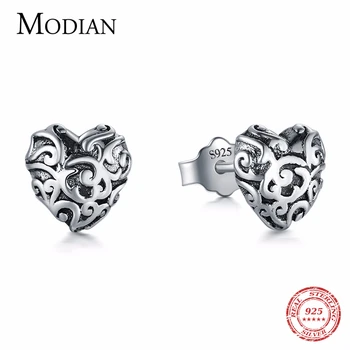 

Modian Authentic 925 Sterling Silver Vintage Hearts Line Romantic Stud Earrings For Women Small Charm Fashion Christmas Gift