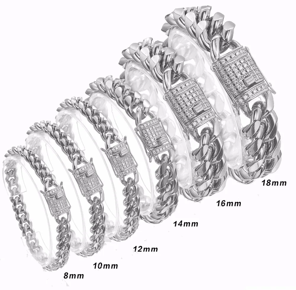 

2019 New Arrival 8/10/12/14/16/18mm Stainless Steel Miami Curb Cuban Chain Crystal Silver Color Polished Bracelet Mens Jewelry