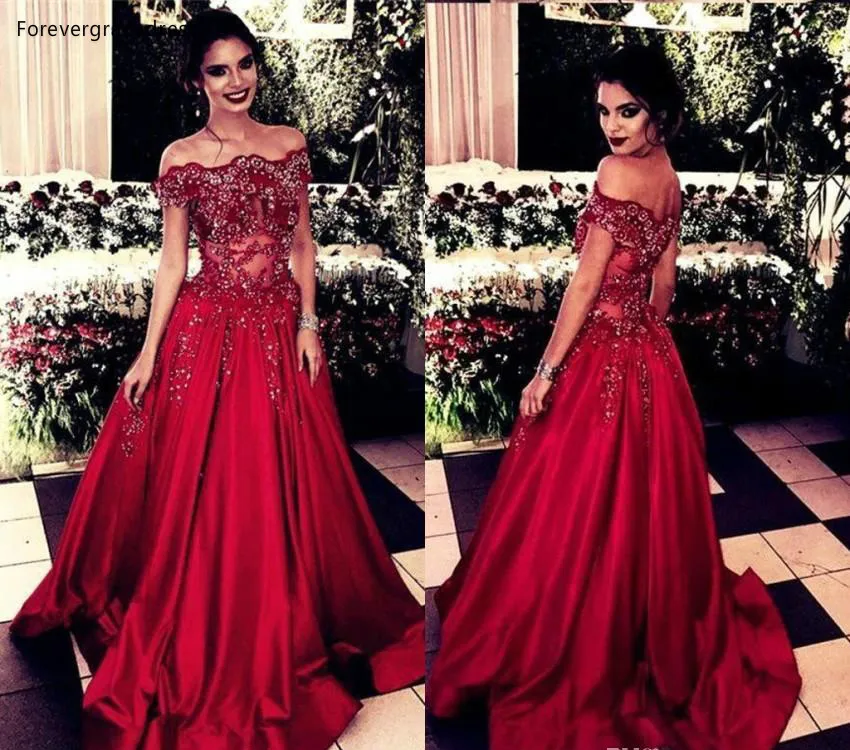 Evening Dresses 2019 Red A Line Arabic Celebrity Party Evening Gowns Elegant Off Shoulder Applique Sequin Long Prom Dress BC1108  135 (5)