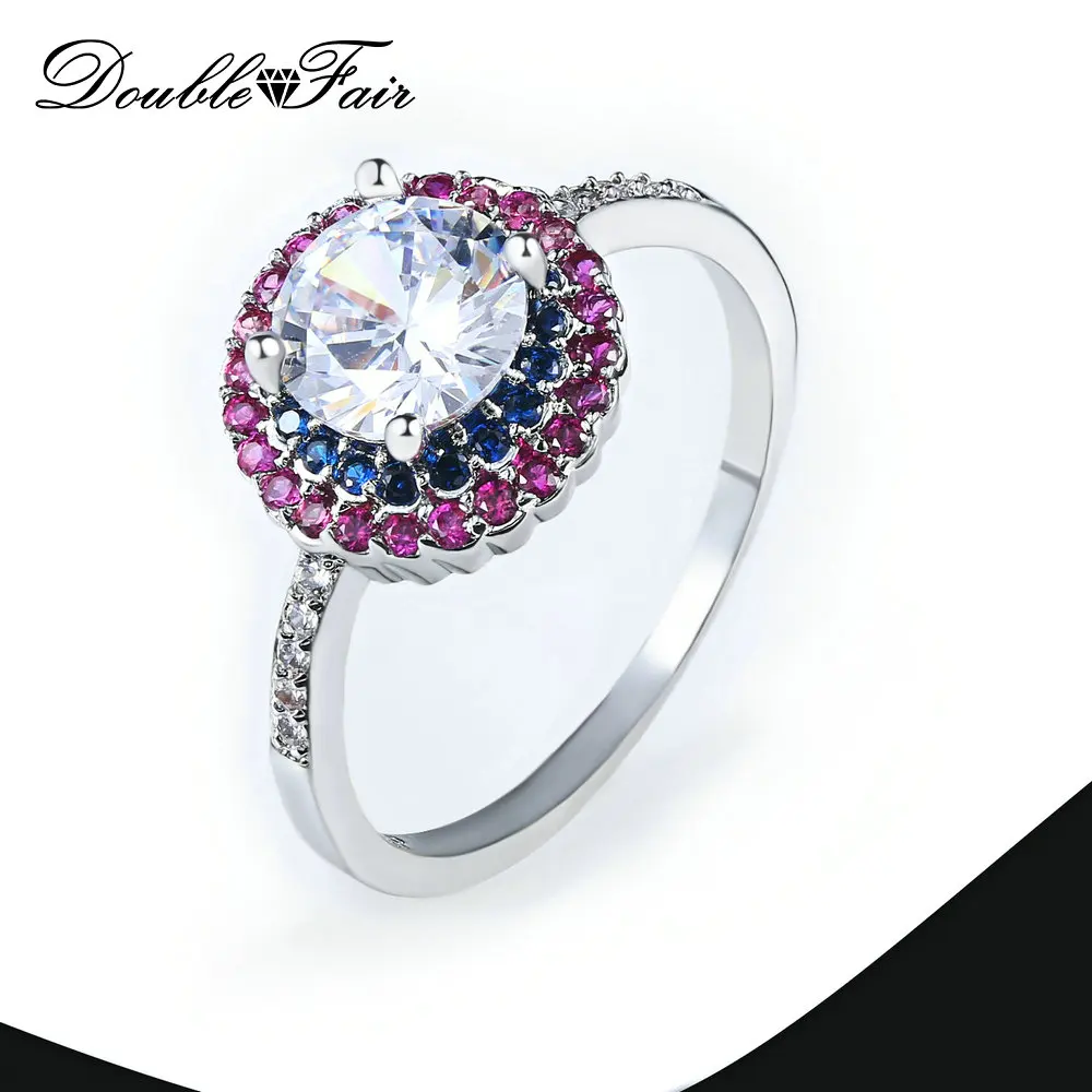 

Double Fair 2019 Fashion Luxury Women Engagement Rings Jewelry White Color Two Laps Full Round Zircon Wedding Finger Ring DZR006