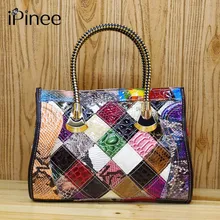 iPinee Women Cowhide Leather Snake Pattern 100 REAL LEATHER Handmade Patchwork Women Shoudler Bags Shiny Color