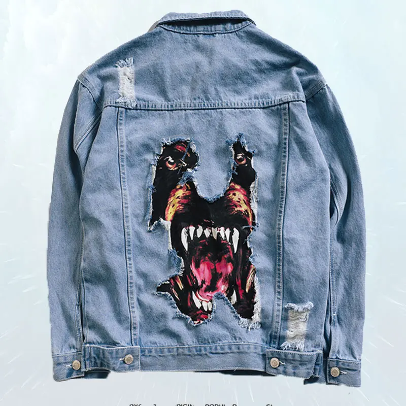 

Harajuku Fashion Women Denim Jacket Printed Broken Hole Jean Jacket Autumn Streetwear BF Style Tiger head embroidery Coat Female