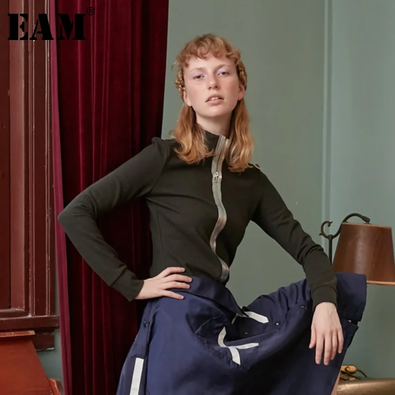 Col Manches eam Élastique Pleine Slim Ob335 De 2019new Mode Zipper Green Femmes Manteau Dark Solide Printemps Roulé Vintahe Marée q8rwXq