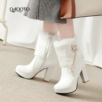 

Women Flower Winter Warm Fur Boots Square High Heels Mid Calf Boots Fashion Platform Zipper Shoes Woman Black White Pink Beige