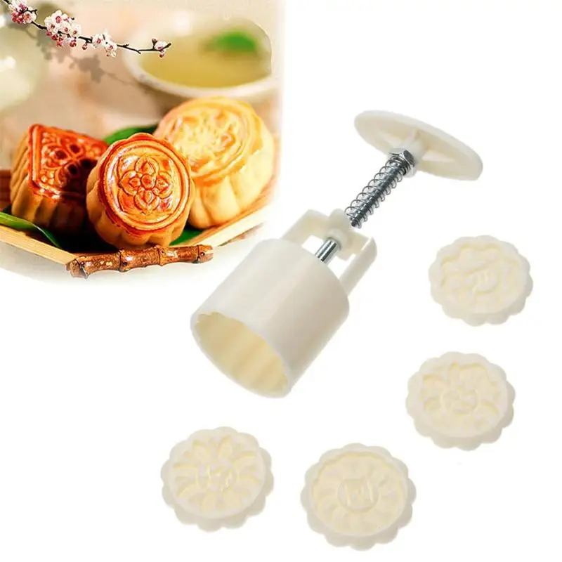 

Mooncake Mold Cookie Moon Barrel+ Stamps Set Hand Pressure Fondant Moon Cake Mould DIY Baking Accessories