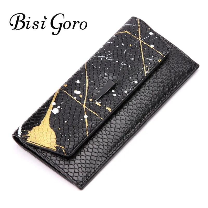Женский кошелек из воловьей кожи Bisi Goro 2019 длинный тонкий со змеиным узором
