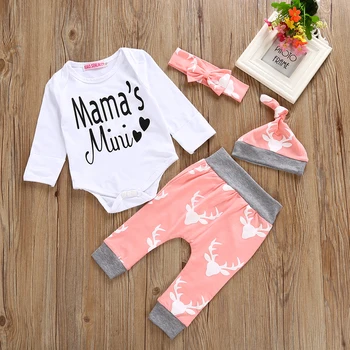 

Baby Clothing Set Autumn Deer Printing Long Sleeved Top+Pants+Hat Headband 4pcs Newborn Toddler Baby Boys Girls Clothes
