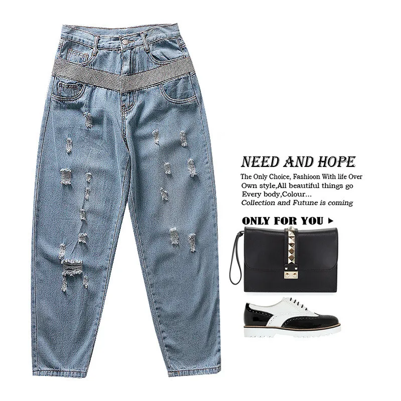 

New 2019 spring summer high waist Denim pants Chic diamonds rhonestone Jeans A016