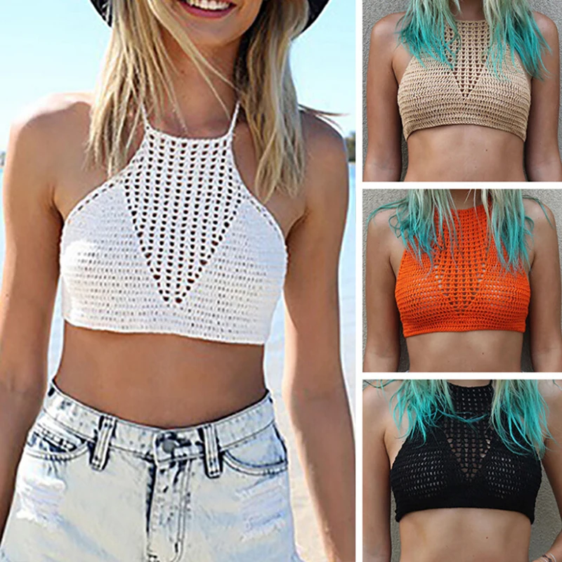 

Women Summer Short Vest Sexy Hollow Out Plain White Bralette Halter Neck Crop Top Knit Crochet Cami Summer Bikini Beach Crop Top