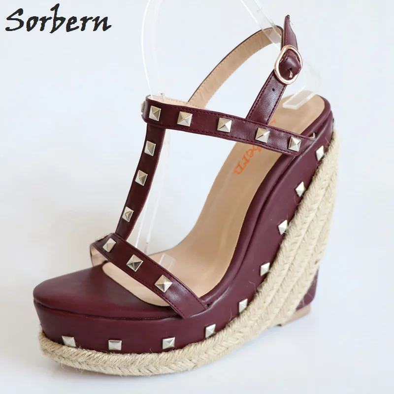 

Sorbern Wine Red T-Strap Rivets Rope Wedge High Heel Sandals Platform Gold Studs Ankle Strap Summer Sandals For Ladies Plus Size