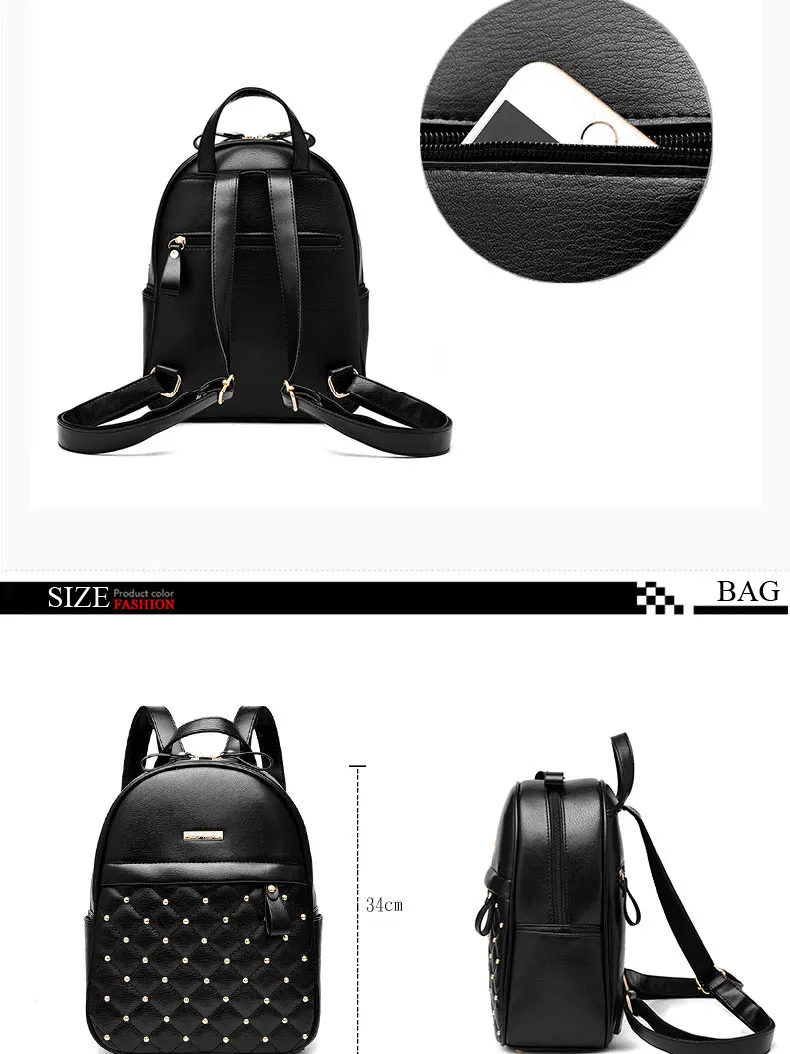 2022 Fashion Women Casual Travel Bead Backpack School Bags PU Leather Backpack for Teenage Girls Mochila Female Backpack S004