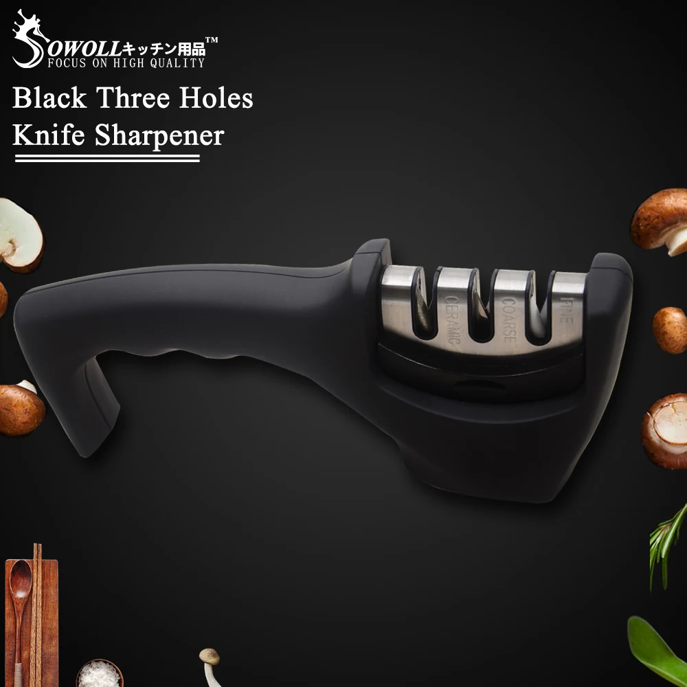 Sowoll, брендовая черная точилка для ножей с 3 отверстиями, точилка для ножей из нержавеющей стали, ABS ручка, система заточки ножей, кухонный инструмент
