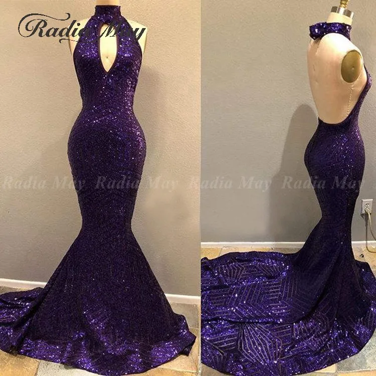 

Sexy Halter Neck Backless Mermaid Purple Sequin Prom Dress for Black Girls Court Train Long African Graduation Gala Dress 2019