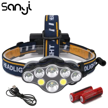 

SANYI 2*T6+4*XPE+2*COB Headlamp 8 Lighting Modes Headlight by 18650 Battery LED Flashlight Hunting USB Rechargeable