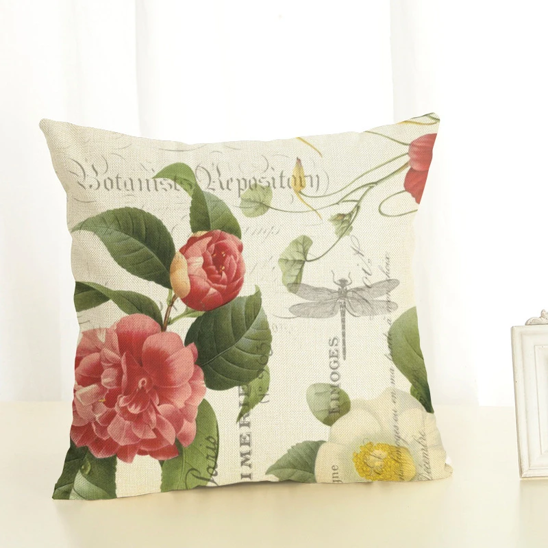 Shabby Chic Decor Printed Blue Flowers Cushion Cover 45x45cm Linen Pink Purple Plants Throw Pillow Covers Pillowcase Leaf Decor
