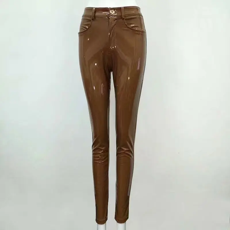 High Quality Celebrity Brown Red Black Leather Stretch Pants Sexy Fashion Leather Pant (1)