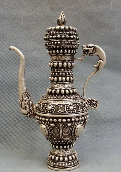 

14" Chinese Silver Auspicious Dragon Head Statue Buddhism Style Wine Pot Teapot