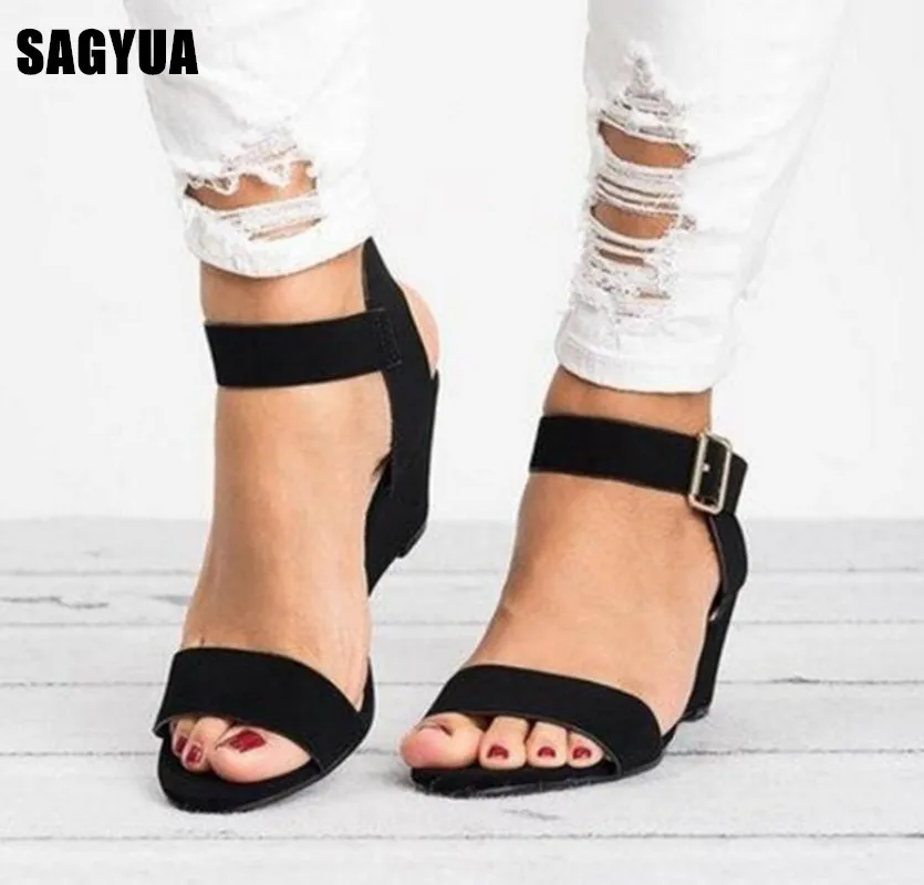 

New summer women sandals open toe woman Casual Buckle shoes Wedge heel high heels Ladies Wedding party pumps Plus size 34-43 A51