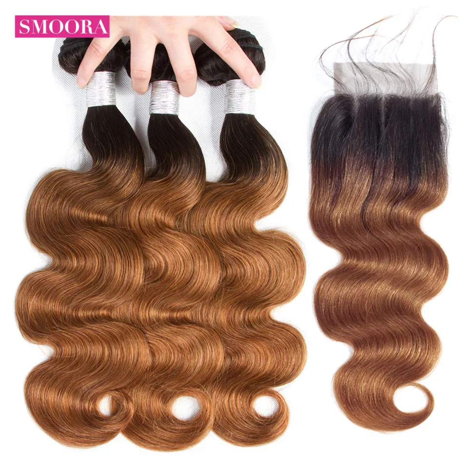 Ombre Body Wave Bundles With Closure 1B/30 Ombre Bundles With Closure Smoora Pre-Colored Human Hair Weft 3 Bundles With Closure Ombre Body Wave Bundles With Closure 1B/30 Ombre Bundles With Closure Smoora Pre-Colored Human Hair Weft 3 Bundles With Closure