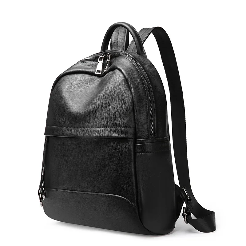 Brief Genuine Leather Lady Travel Black Backpack Student Large Capacity