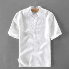 Льняная белая рубашка мужская летняя Однотонная рубашка с коротким рукавом мужская новая дизайнерская брендовая рубашка с воротником-стойкой Мужская модная сорочка Camisa